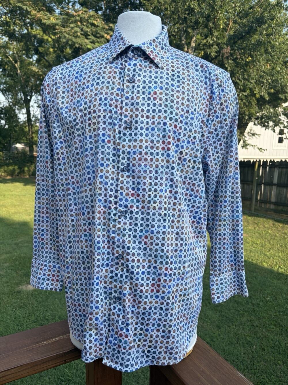 Robert Graham Black Geo Print Colorful Contrast Cuff Cotton Mens 2XL XXL
